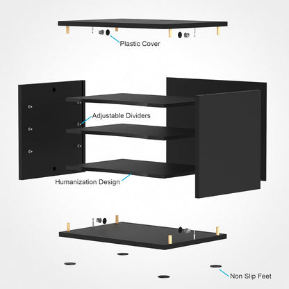 Wooden Desk Paper Organizer with Four-Tiered Storage, Adjustable Shelves for Document Sorting, Home Office File Holder in Black