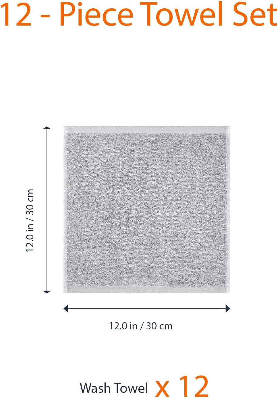 Wash Cloth Set, 100% Cotton, Extra Absorbent, Quick Drying, 30 X 30 Cm, Grey, Pack of 12