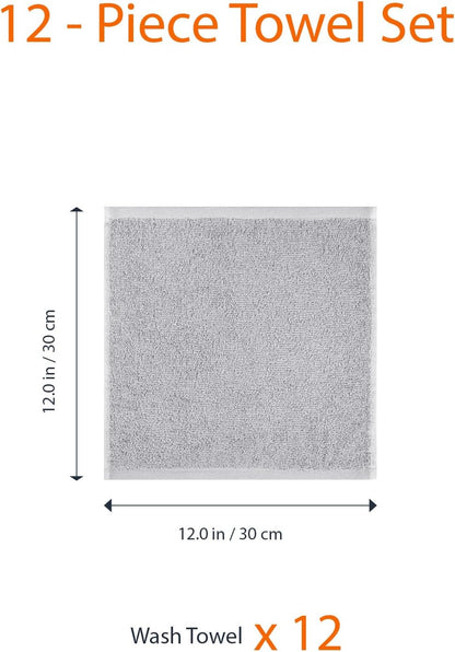Wash Cloth Set, 100% Cotton, Extra Absorbent, Quick Drying, 30 X 30 Cm, Grey, Pack of 12