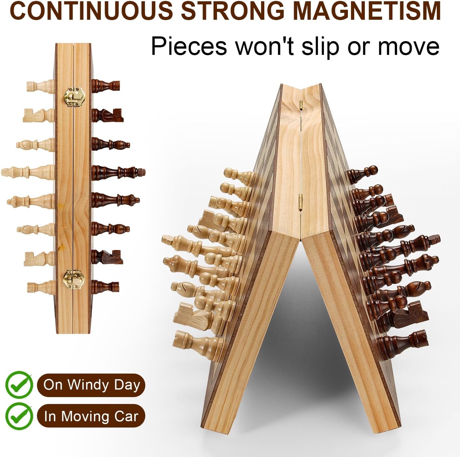 Premium 15" Wooden Magnetic Chess Set for Adults and Children, Handcrafted Folding Travel Board with Storage Slots and Additional Queens