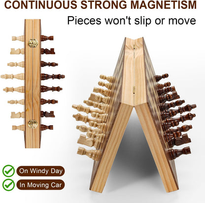 Premium 15" Wooden Magnetic Chess Set for Adults and Children, Handcrafted Folding Travel Board with Storage Slots and Additional Queens