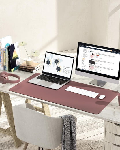 Large Non-Slip Leather Desk Pad – Waterproof Laptop and Keyboard Mat, Table Protector Blotter, Ideal for Office, Home, and Decor (Dark Pink, 35.4" x 17")