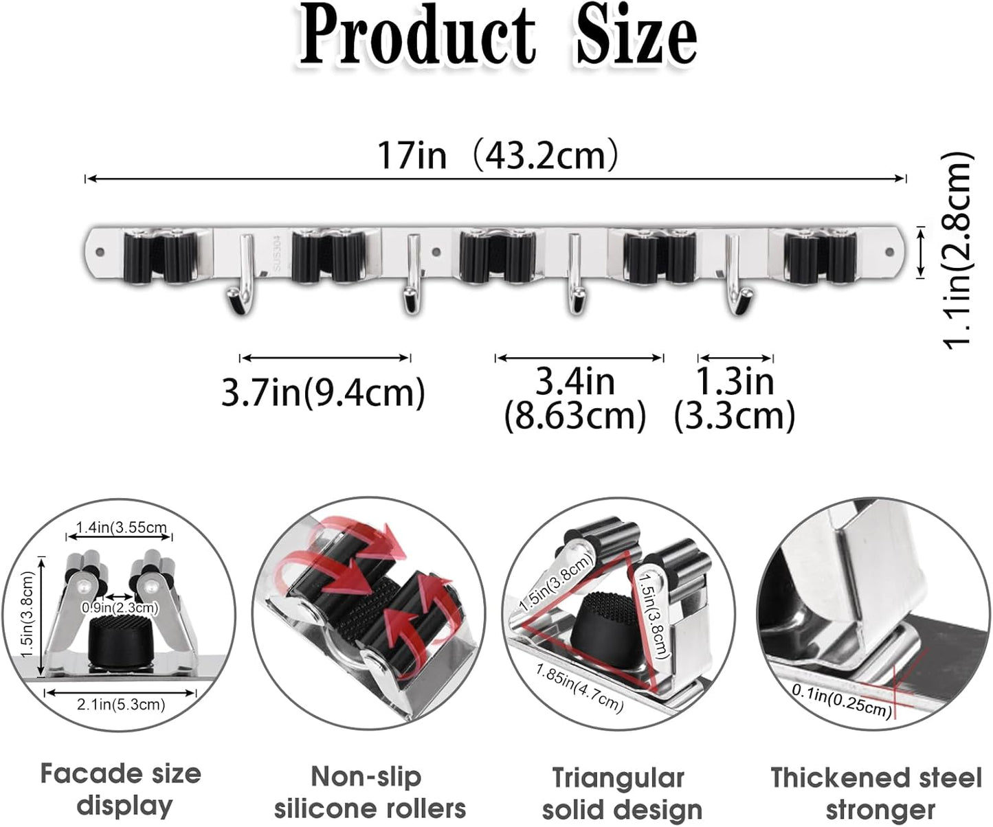 Heavy-Duty Stainless Steel Wall-Mounted Broom Holder with 5 Holders and 4 Hooks, Nail Installation and Self-Adhesive Storage Solutions