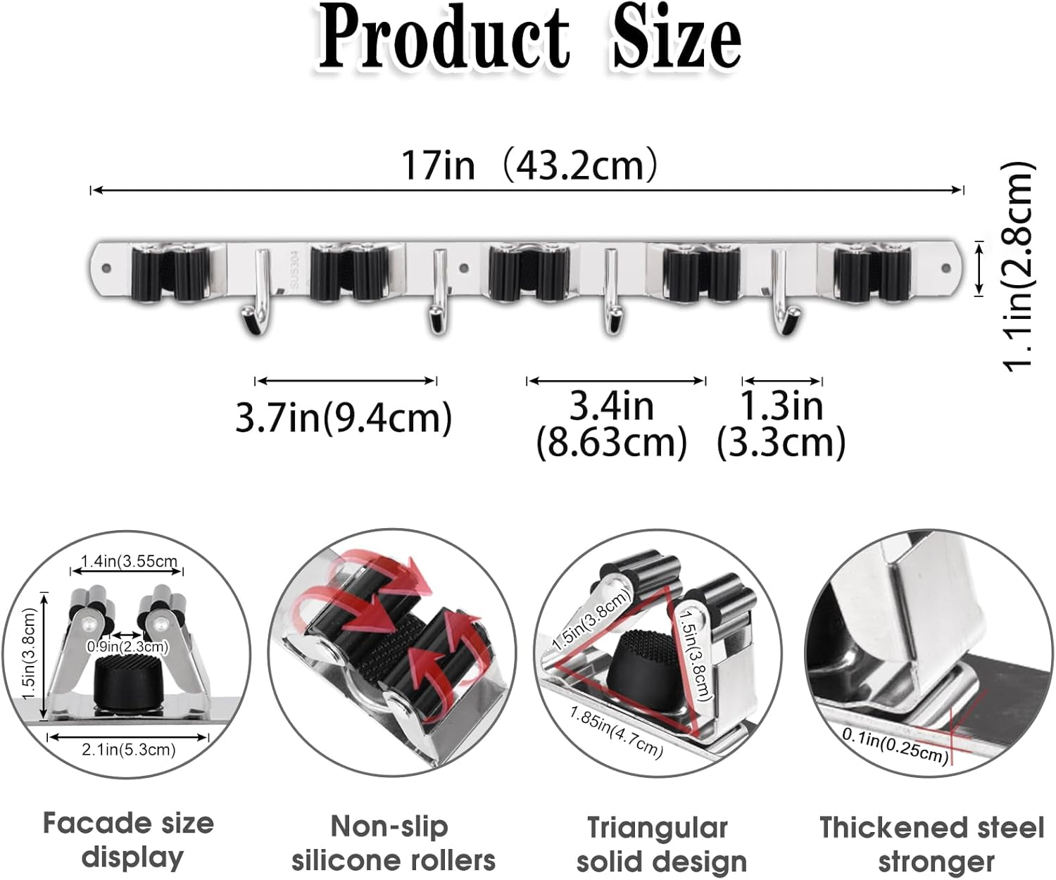 Heavy-Duty Stainless Steel Wall-Mounted Broom Holder with 5 Holders and 4 Hooks, Nail Installation and Self-Adhesive Storage Solutions