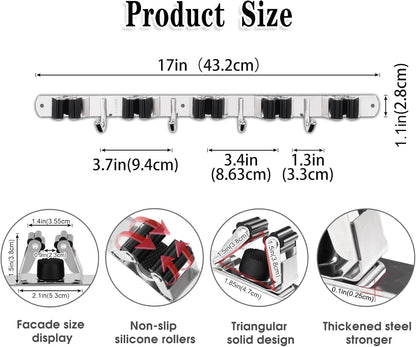 Heavy-Duty Stainless Steel Wall-Mounted Broom Holder with 5 Holders and 4 Hooks, Nail Installation and Self-Adhesive Storage Solutions