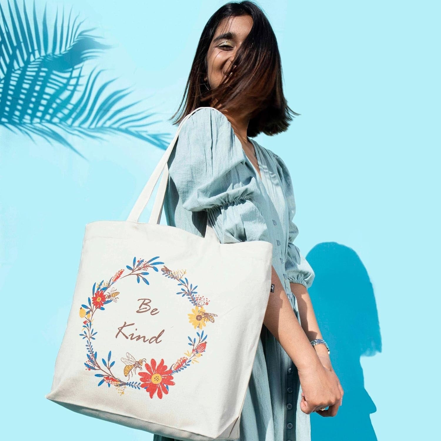 Ecoright Women's Aesthetic Large Canvas Tote Bag with Zipper and Pocket for Yoga, Work, and Beach Activities