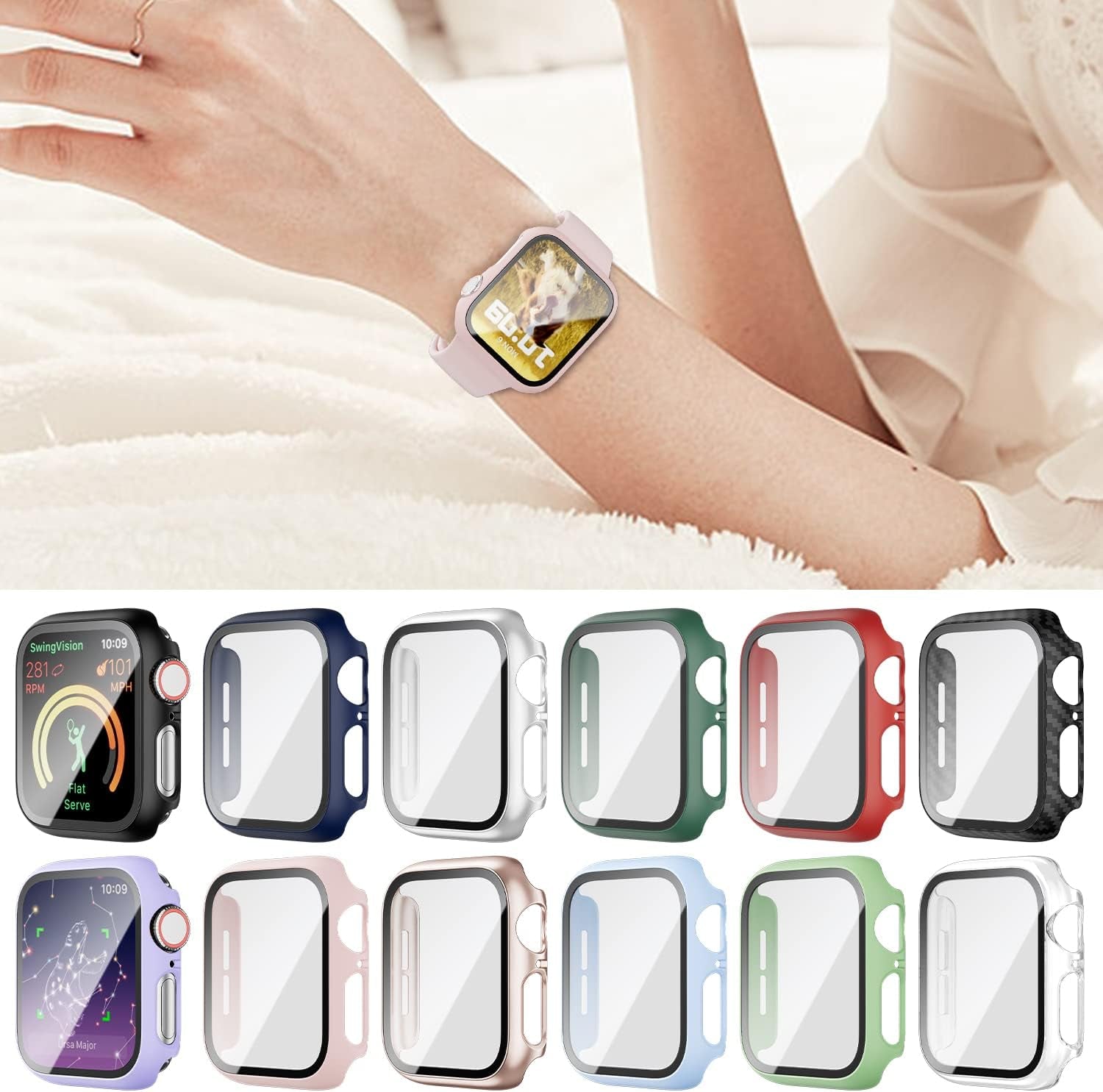 12-Pack Ultra-Thin Hard PC Bumper Case with Tempered Glass Screen Protector for Apple Watch 38mm Series 3/2/1 - Scratch Resistant HD Protective Cover for iWatch Accessories
