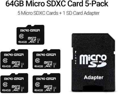 64GB Class 10 MicroSDXC Flash Memory Card with Adapter for Mobile Device, Tablet, Drone Storage & Full HD Video Recording - 80MB/s UHS-I, C10, U1 (Pack of 5)