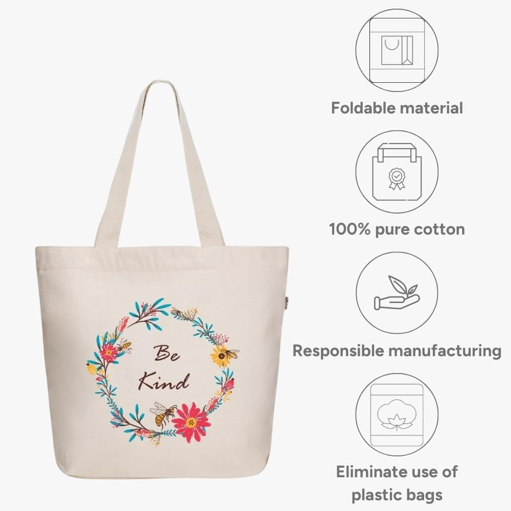 Ecoright Women's Aesthetic Large Canvas Tote Bag with Zipper and Pocket for Yoga, Work, and Beach Activities