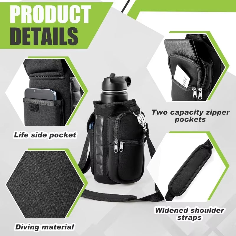 Magnetic Gym Water Bottle Holder with Phone Pocket and Shoulder Strap - Features 6 Built-In Magnets