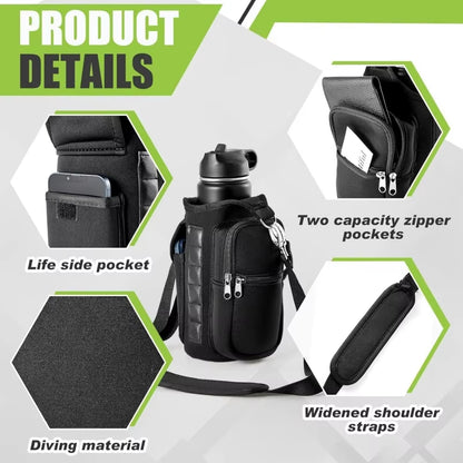 Magnetic Gym Water Bottle Holder with Phone Pocket and Shoulder Strap - Features 6 Built-In Magnets