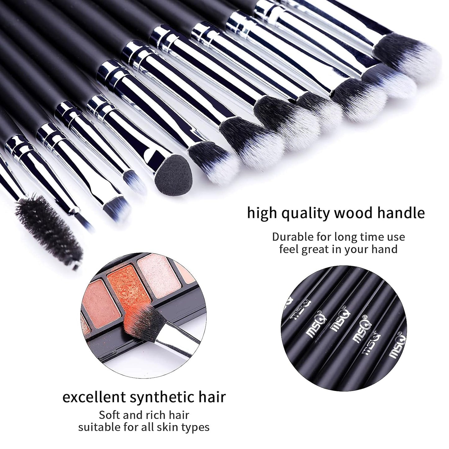 12-Piece Professional Eye Makeup Brush Set with Soft Synthetic Bristles and Extended Wooden Handles for Eyeshadow, Eyeliner, Eyebrow, Blending, and Concealer (Black)