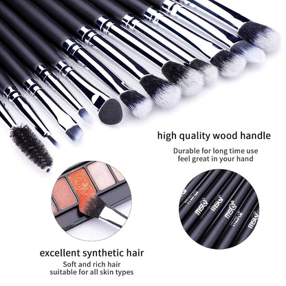 12-Piece Professional Eye Makeup Brush Set with Soft Synthetic Bristles and Extended Wooden Handles for Eyeshadow, Eyeliner, Eyebrow, Blending, and Concealer (Black)