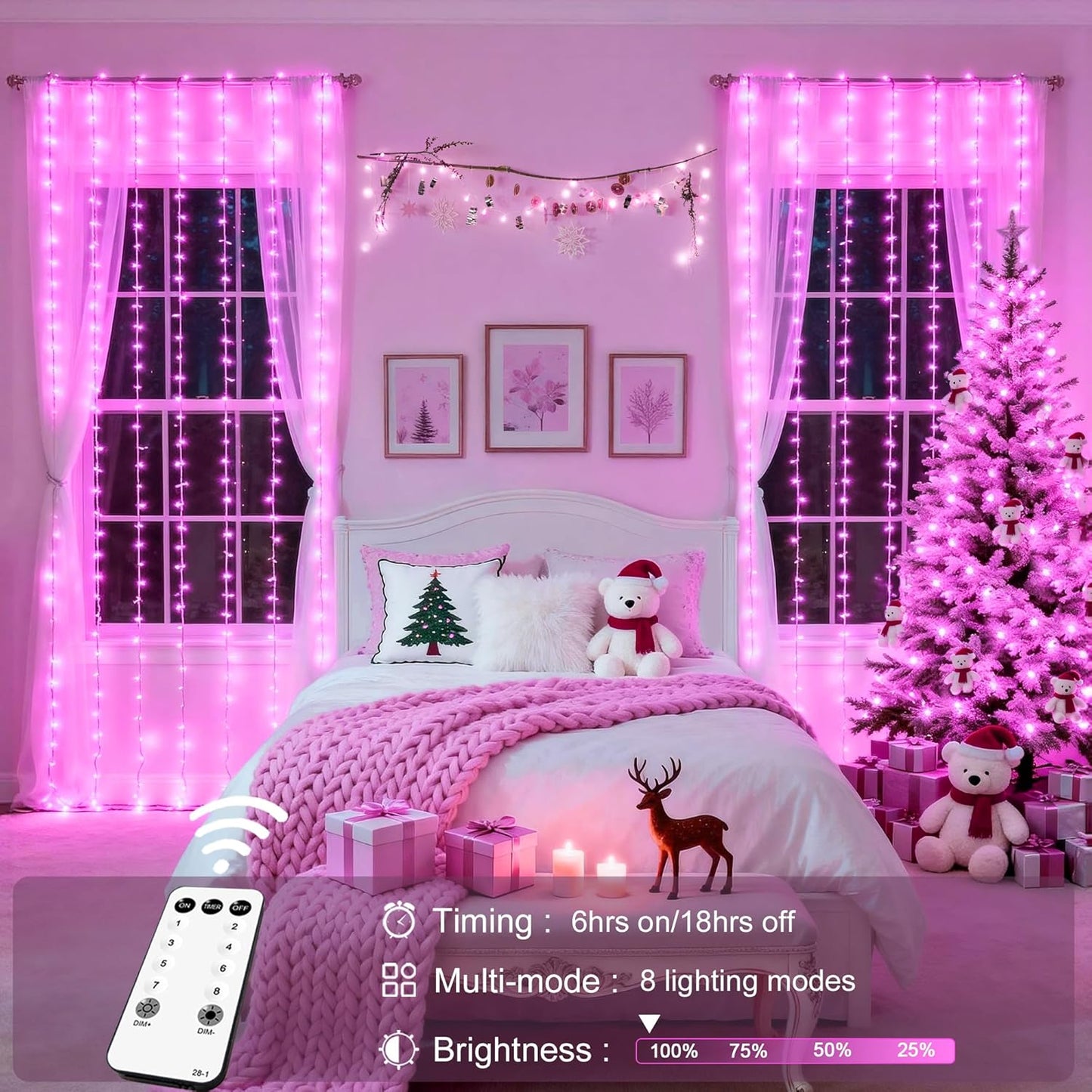 300 LED Pink Curtain Lights with Remote Control - Versatile Indoor/Outdoor Décor for Bedrooms, Parties, and Special Occasions, 9.8 x 9.8 Ft