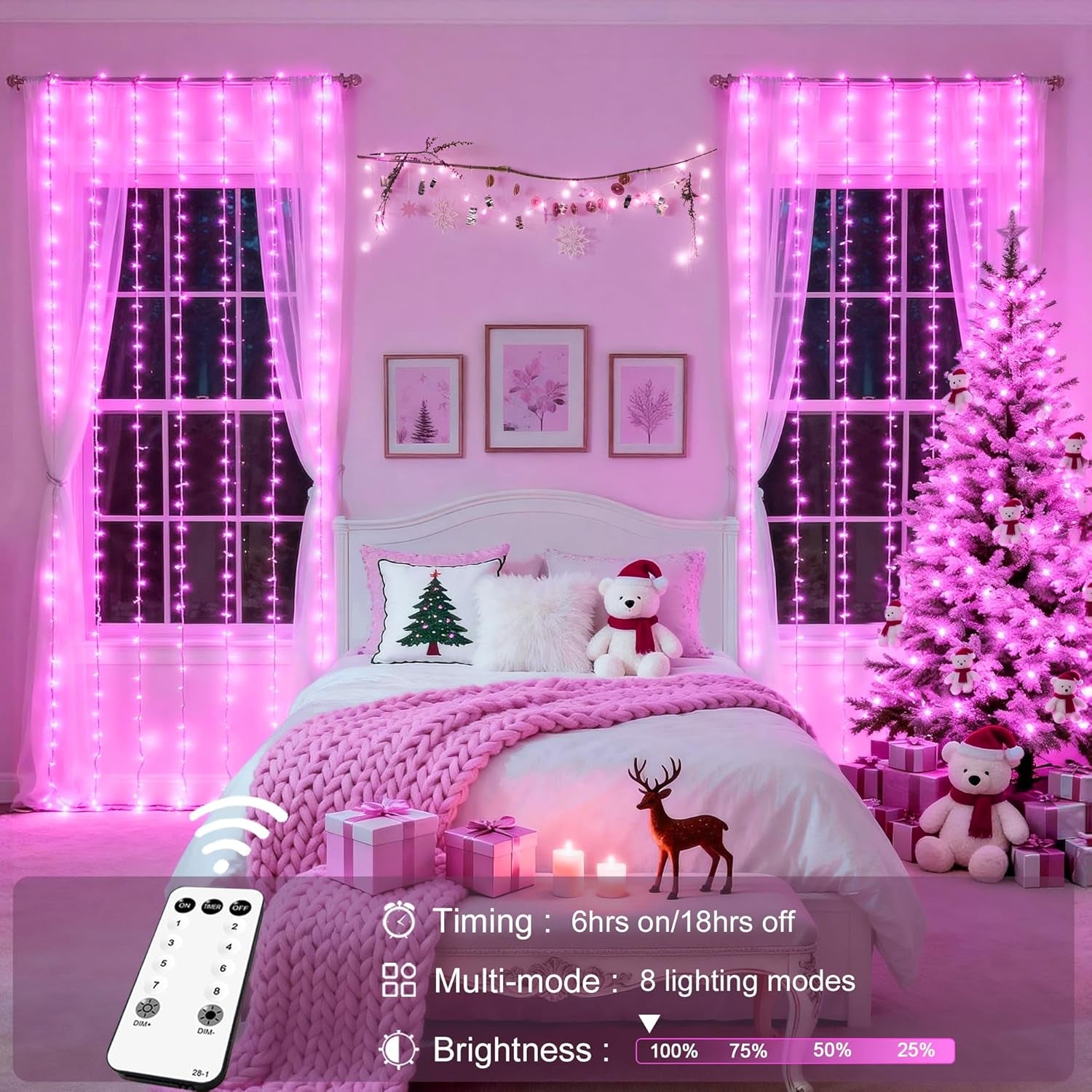 300 LED Pink Curtain Lights with Remote Control - Versatile Indoor/Outdoor Décor for Bedrooms, Parties, and Special Occasions, 9.8 x 9.8 Ft