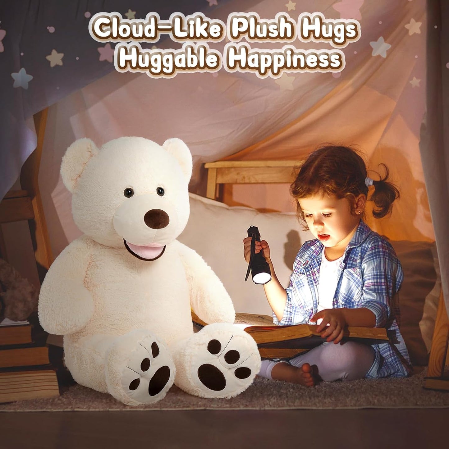 Extra Large Beige Teddy Bear - 39-Inch Plush Stuffed Animal with Oversized Footprints, Perfect Gift for Children