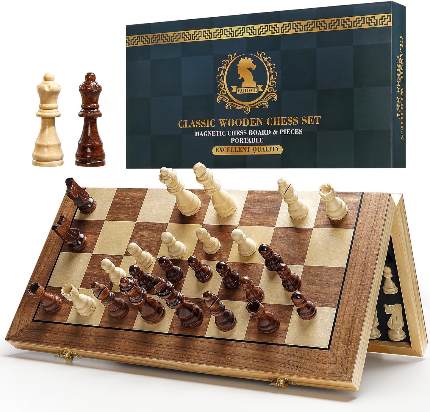 Premium 15" Wooden Magnetic Chess Set for Adults and Children, Handcrafted Folding Travel Board with Storage Slots and Additional Queens