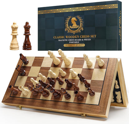 Premium 15" Wooden Magnetic Chess Set for Adults and Children, Handcrafted Folding Travel Board with Storage Slots and Additional Queens